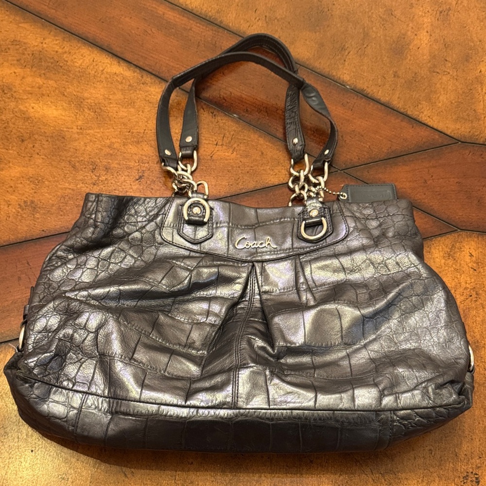 Coach Dark Brown Croc-Embossed Shoulder Bag
